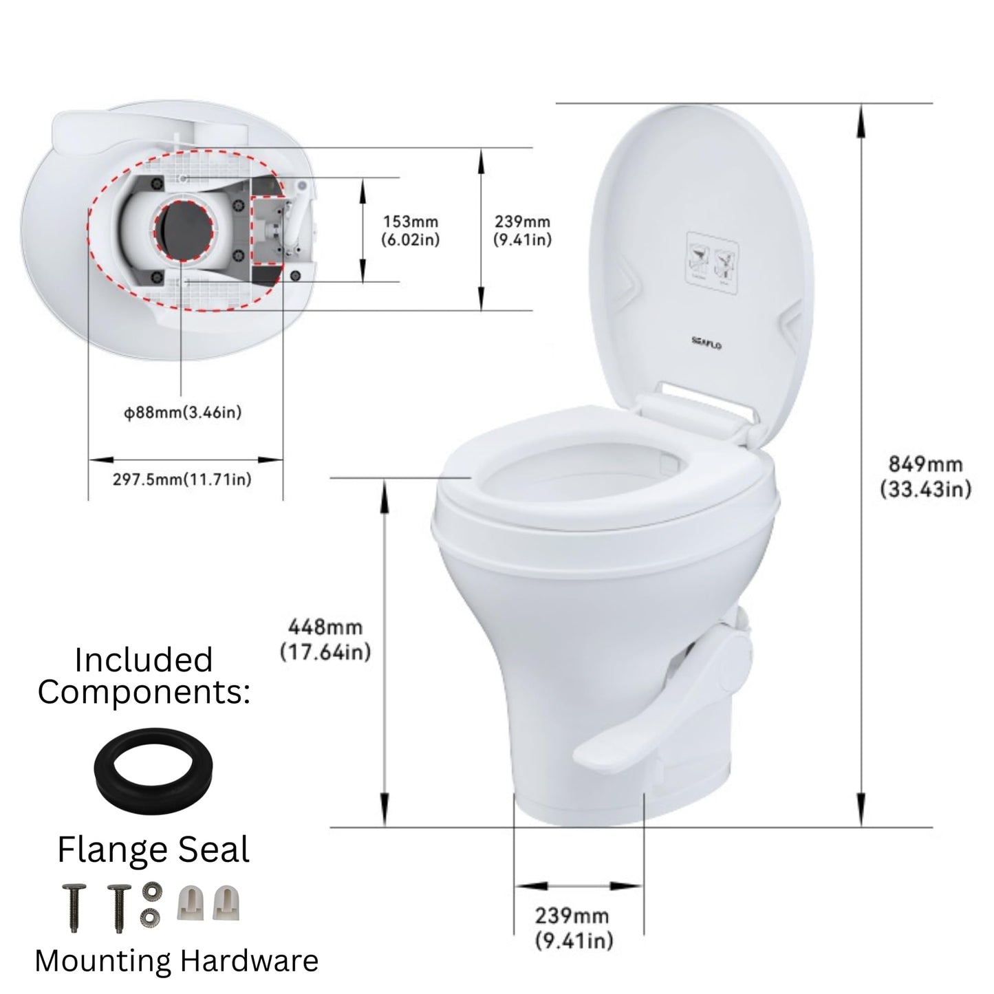 SEAFLO RV Toilet, 18.4” Residential Height, Gravity Flush System, Foot Pedal Operation, Soft Close Seat, for RV Motorhomes Campers, IAPMO & CSA Certified - 4-Year Warranty