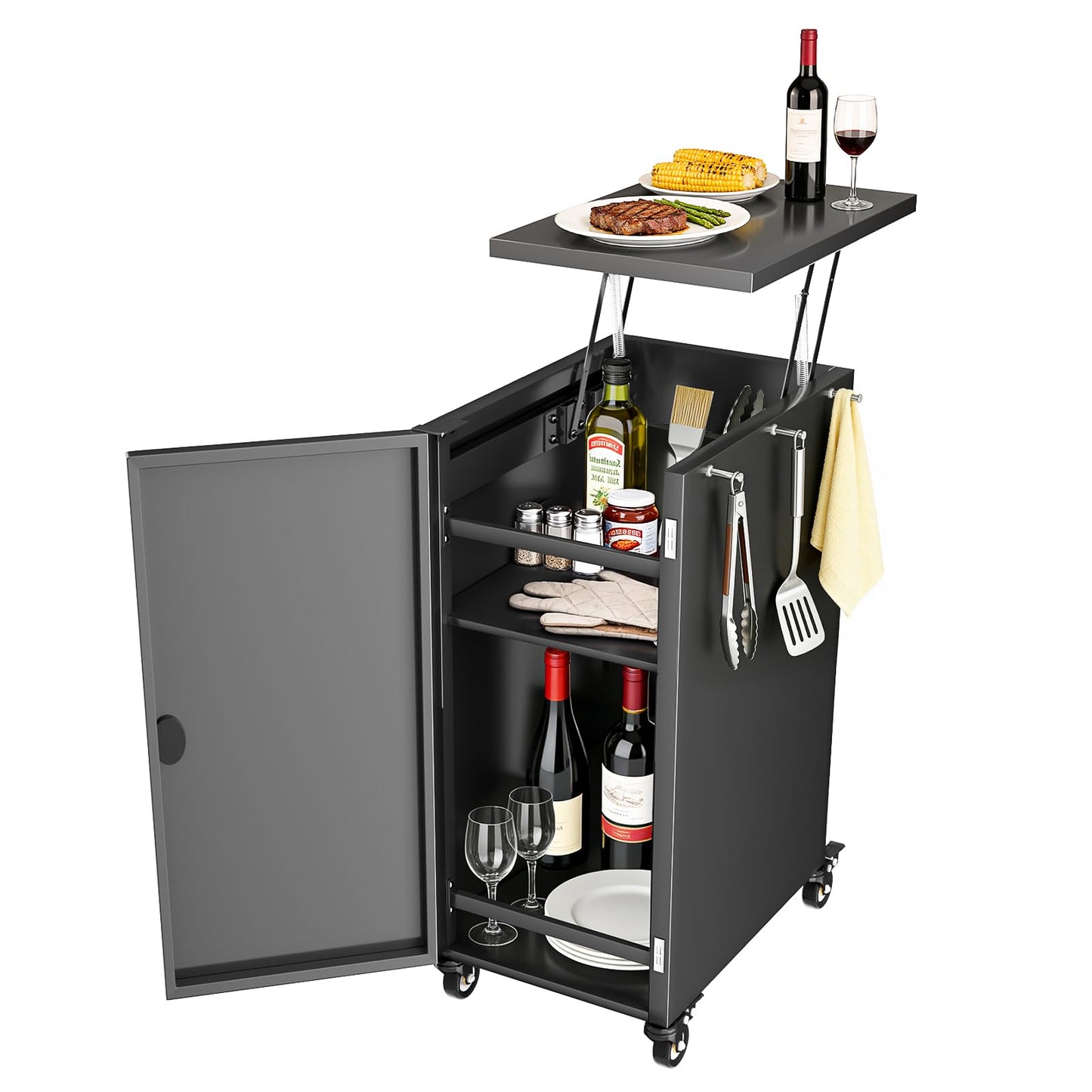SearCook Outdoor Grill Cart, Height Adjustable Grill Table with Storage Cabinet, Magnetic, Flexible Rolling Wheels, for Weber, Charbroil, Nexgrill, Dynaglo Majority Series Gas Grills Accessory