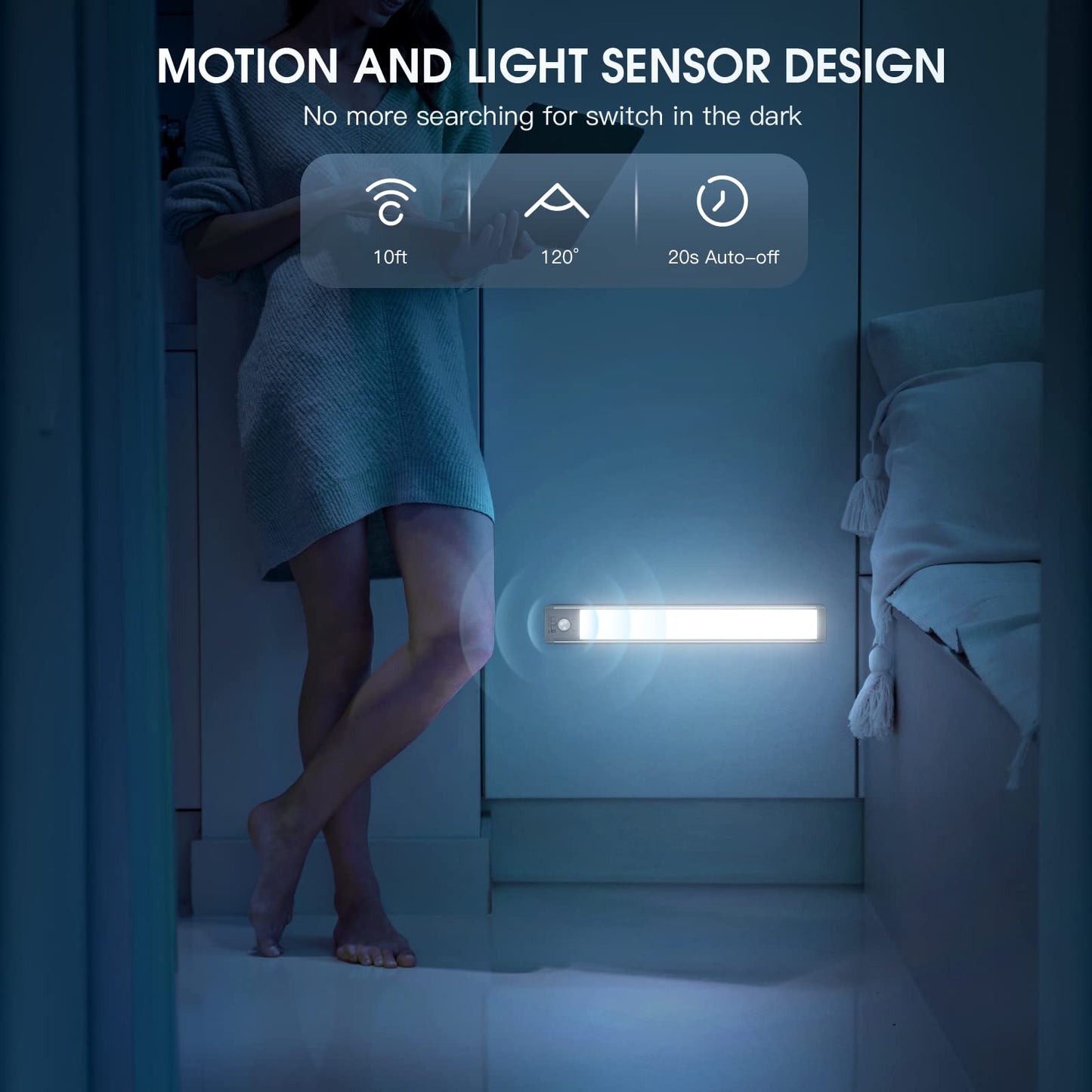 Under Cabinet Lighting, 14.7" Rechargeable Motion Sensor Light Indoor, 2 Pack Magnetic Dimmable Closet Lights, Wireless Under Counter Lights for Kitchen, Stairs,Hallway