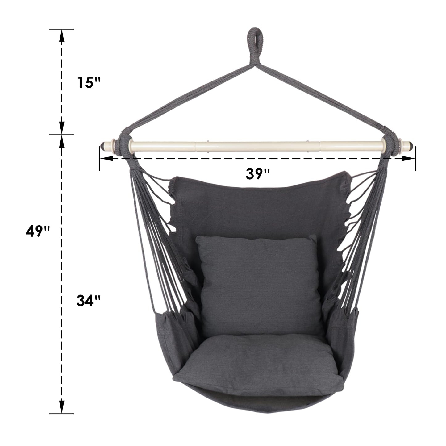 Highwild Hammock Chair Hanging Rope Swing - Max 500 Lbs - 2 Cushions Included - Steel Spreader Bar with Anti-Slip Rings - for Any Indoor or Outdoor Spaces (Grey)