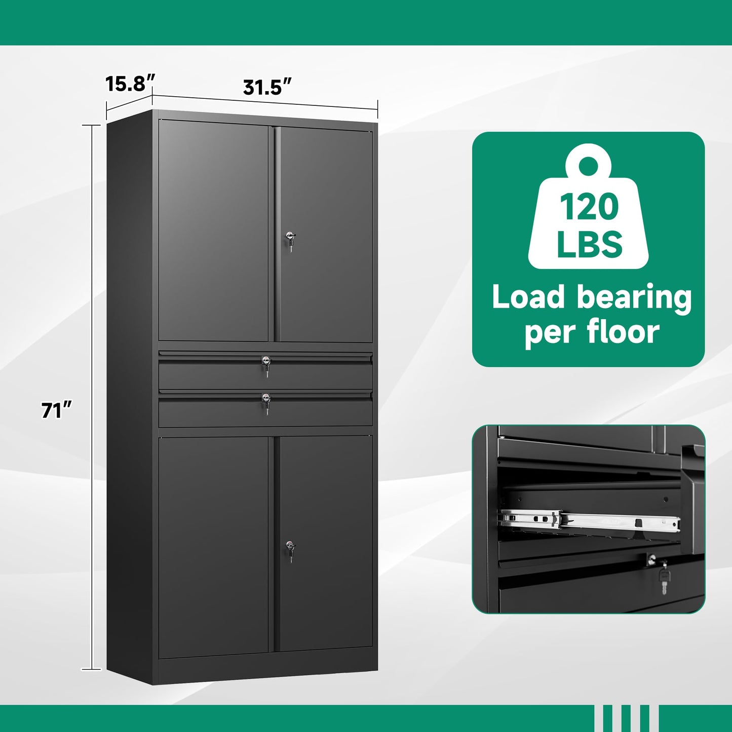 Letaya Metal Garage Storage Cabinet,71" Heavy Duty Steel Tool Cabinet with 4 Door Lock-Adjustable Shelves and 2 Drawer for Garage Home Office Utility Room (Black)