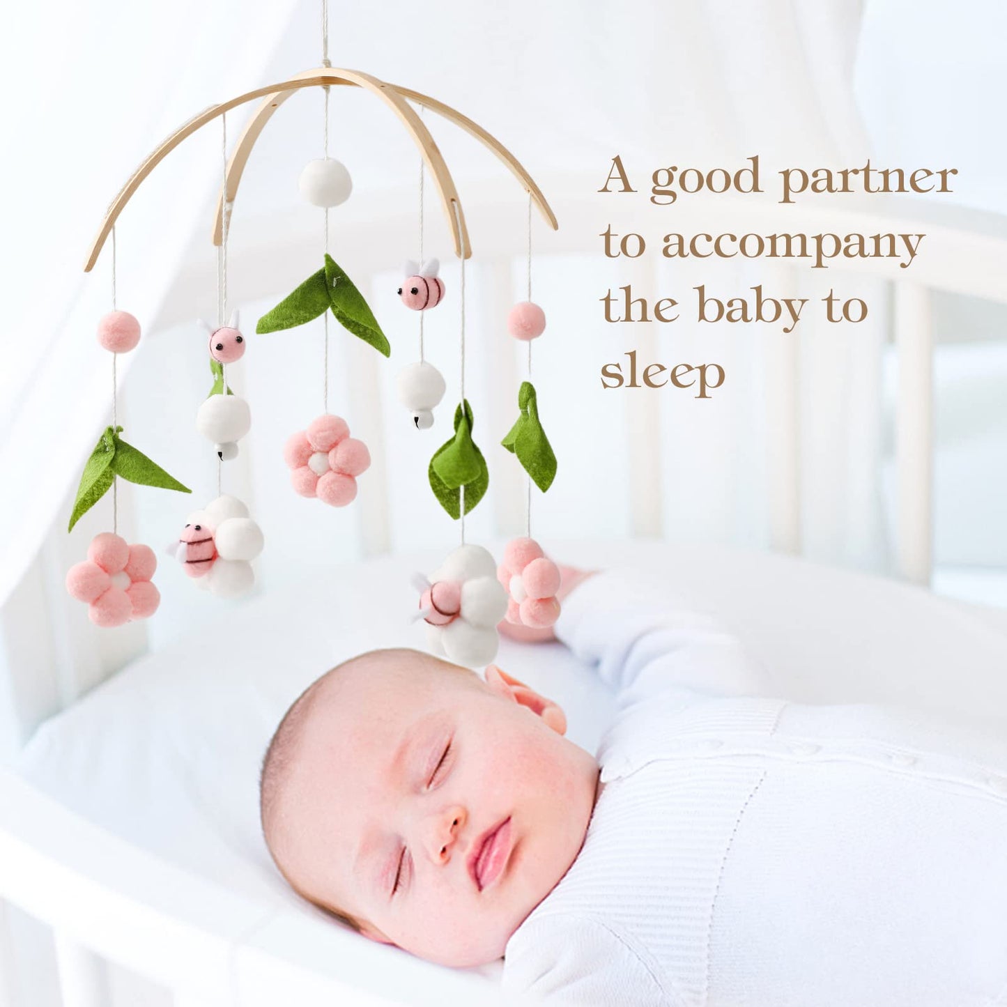 OESSUF Baby Mobile for Crib, Crib Nursery Mobile for Boys Girls, Boho Bee Flower Nursery Decor Soothe Toy Baby Shower Set for Infant Bedroom Hanging Decoration Toy, Pink