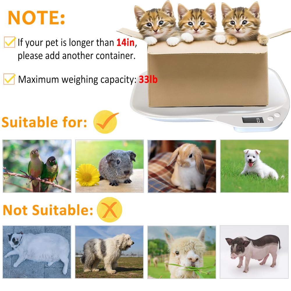 HMRCYTE Small Animal Digital Scale, Pet Scale with LCD Display, Puppy Scale, Electronic Kitchen Food Scale, (Max 33lbs),14 x 10 inches, for Weighing Kitten, Puppies, Hamster, Newborn Pets (White)
