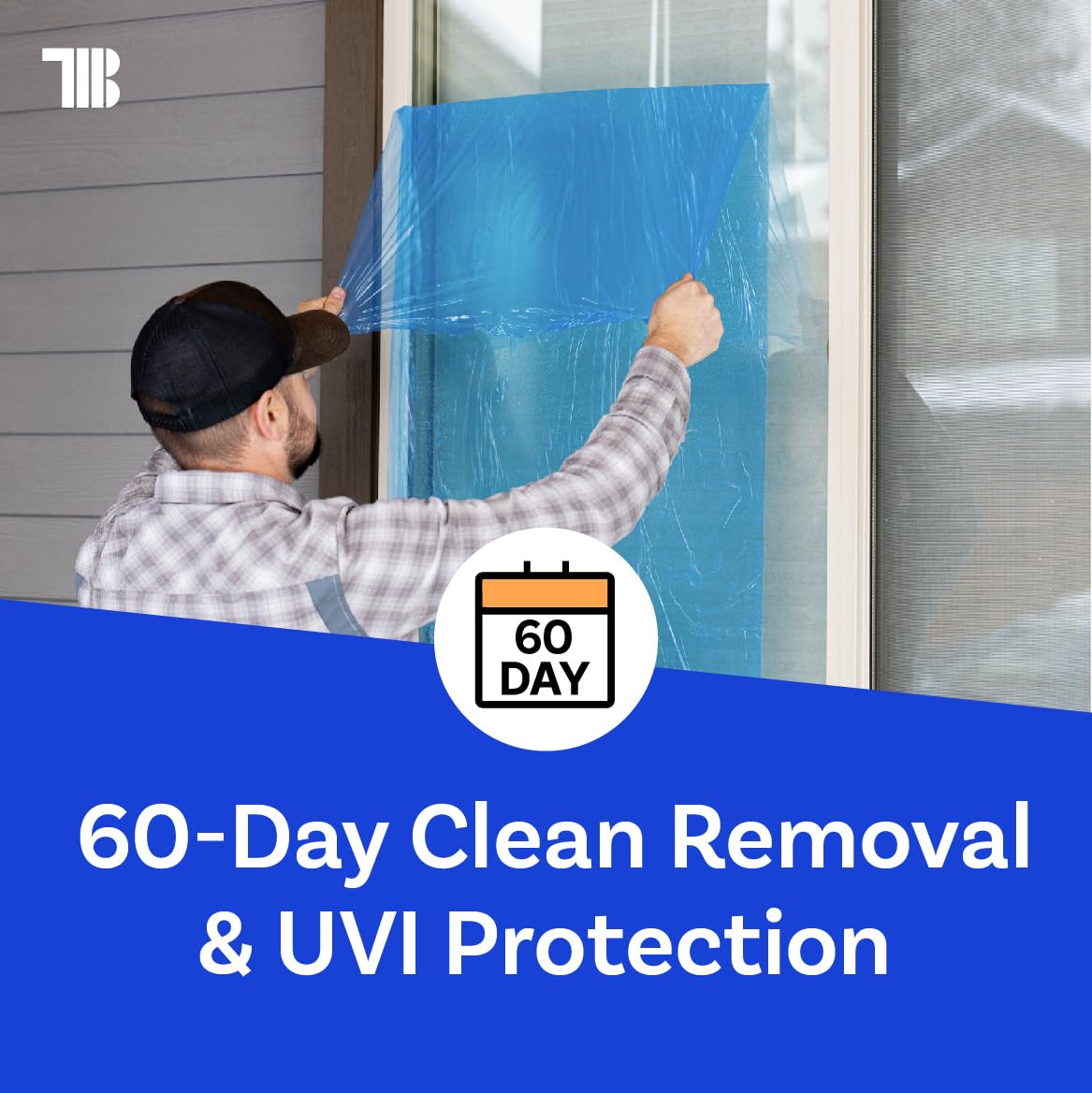 TapeManBlue Window Protection Film, 48 inch x 600 feet, Made in The USA, Strongest and Most Durable Window Protection Film for Construction, Blue Self-Adhesive Temporary Glass Protection Tape