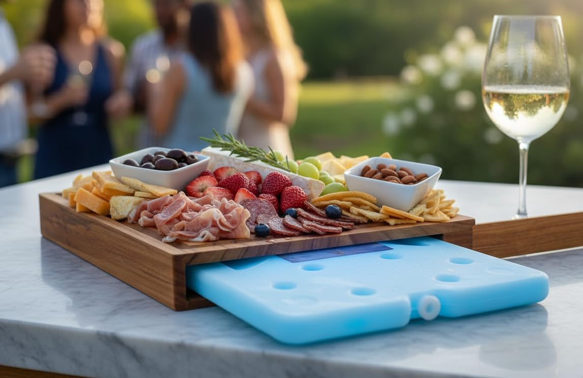 Latitude Board®- Original Chilled Charcuterie Board with a Built in Ice Pack and Thermal Carrier Bag Set. Premium Handcrafted Teak Wood Serving Tray. 15inx11.5inx 2in. Cold Charcuterie Transport