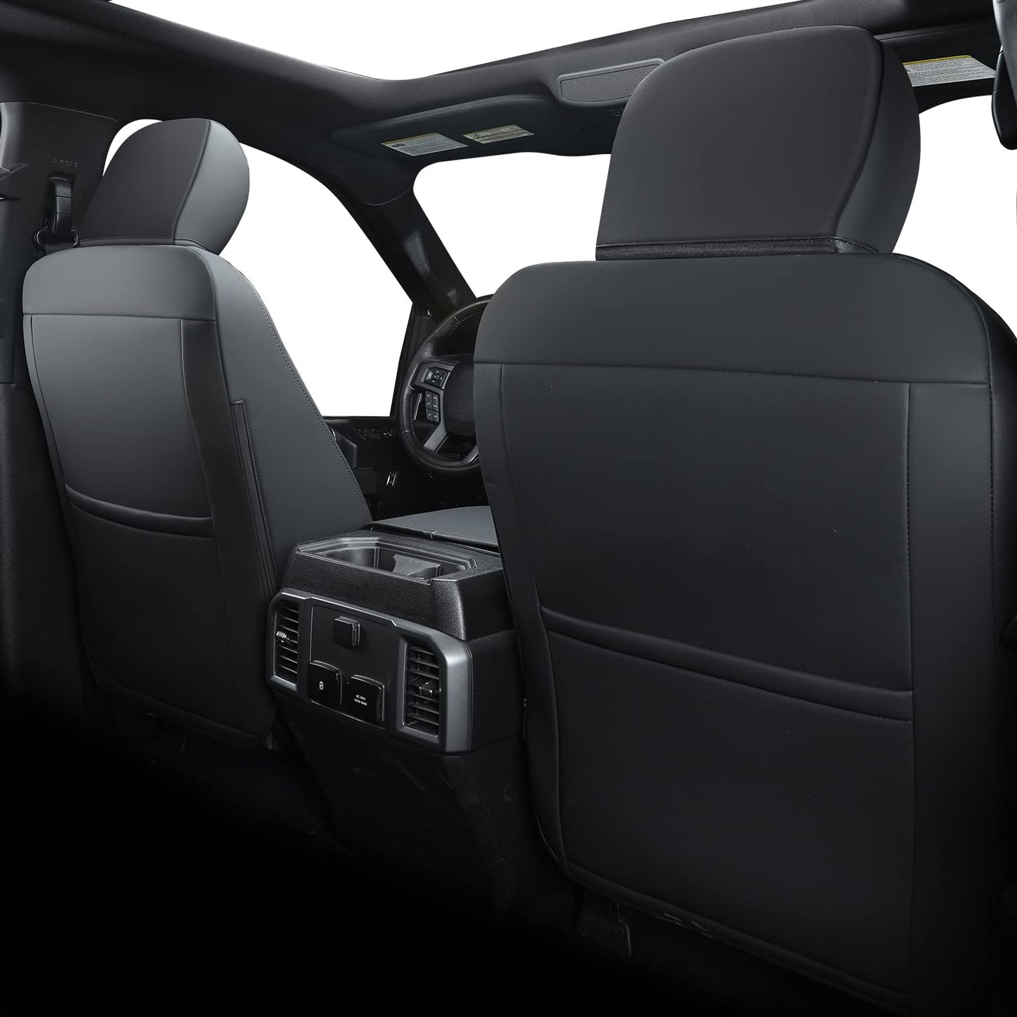 Covertopia F150 Faux Leather Seat Covers, Custom fit 2015-2024 2025 Ford F150 SuperCrew, and 2017-2024 2025 F250 F350 F450 Super Duty Crew Cab(Full Set, Black)