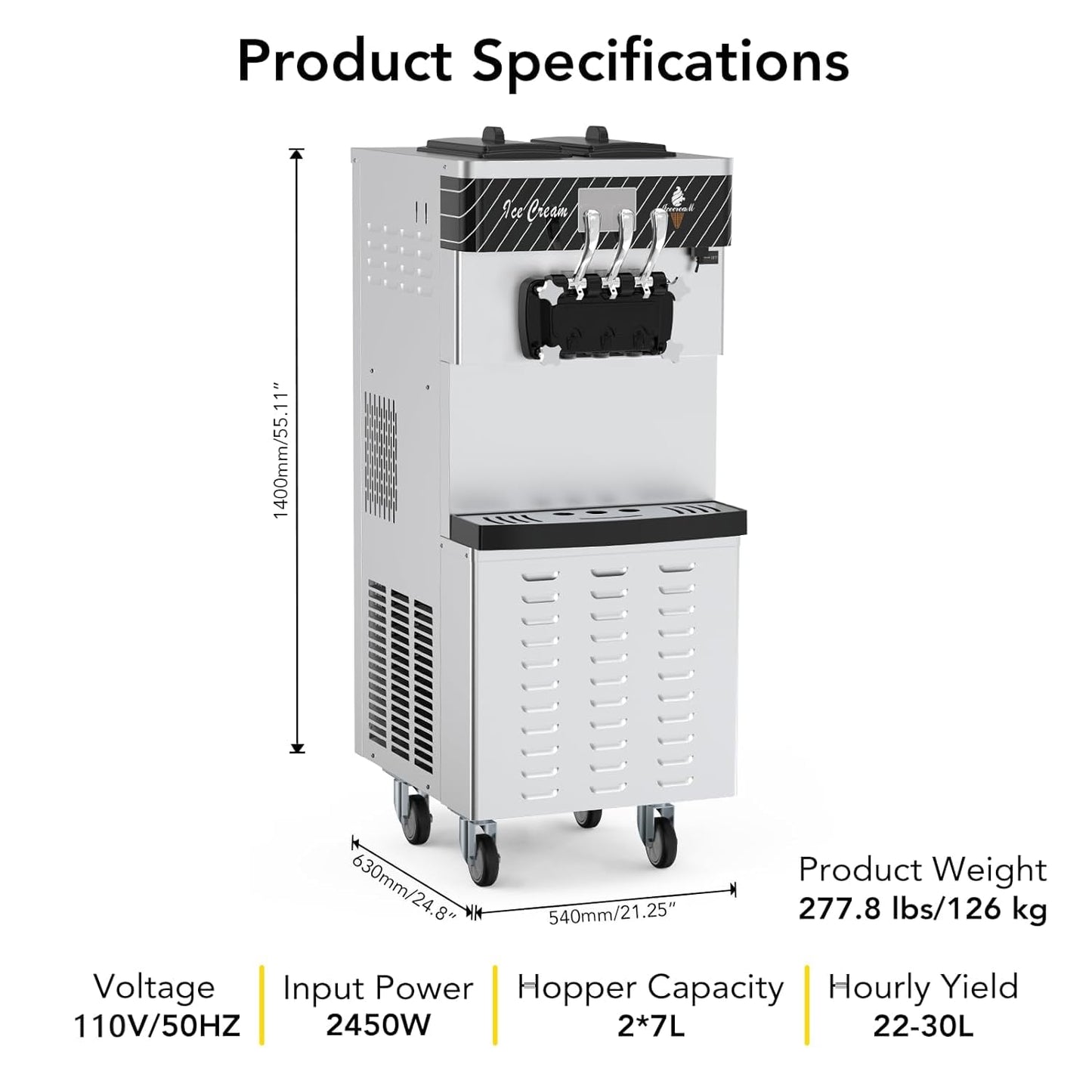 Commercial Ice Cream Maker with Two 12L Hoppers, 3 Flavors Soft Serve Machine. 2450W Compressor, Soft Ice Cream Machine with LCD Panel for Restaurants Snack Bar