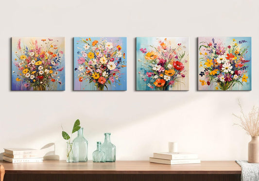Colorful Flower Pictures Wall Decor Abstract Floral Wall Art for Living Room Watercolor Poppy Daisy Posters Nature Flowers Painting Pink Bouquet Canvas Prints Artwork Bedroom Home Decoration 12x12” 4P