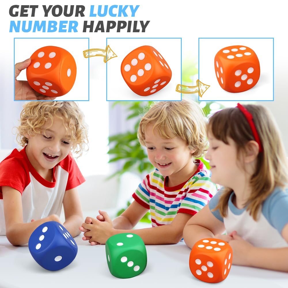 Large 3 Inch Foam Fidget Dice Toys, Jumbo Stress Toy Relief Big Dice, Squeeze Squishy Giant Large Fidgets Cube for Family Board Game Classroom Party Favors Bag Stuffer (3 Pack)