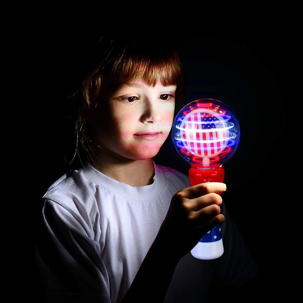 ArtCreativity 7.5 Inch Light Up Patriotic Magic Ball Wand for Kids, Batteries Included, Flashing LED Light Up Spinner Toy for Boys and Girls, 4th of July Toy for Kids, Birthday Party Favor