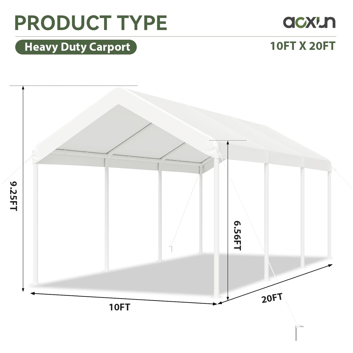 Aoxun 10x20 FT Carport Heavy Duty Car Canopy with Tarp & Wind Resistance Portable Garage Car Tent Outdoor Car Port with Tear Resistant Canopy, No Sidewall - Milky White