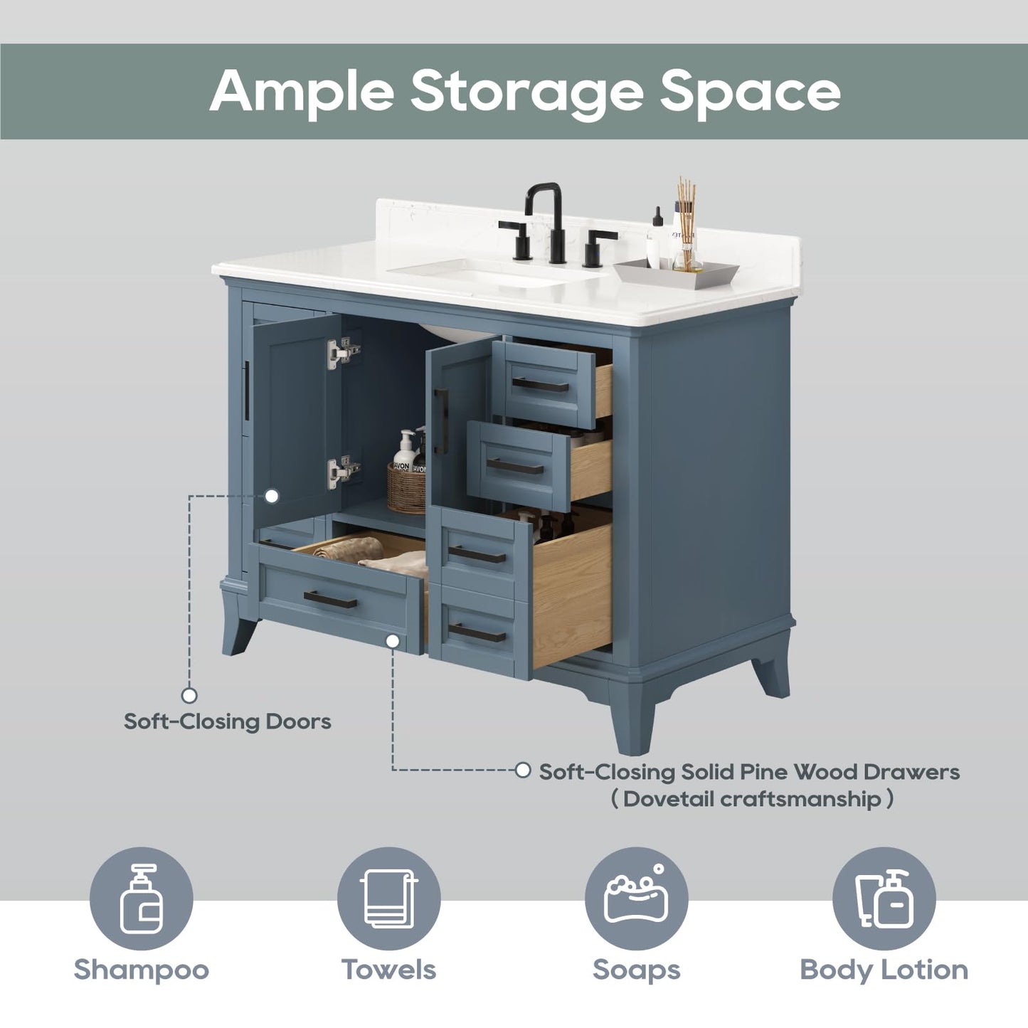 DELUXE LIVING 48 Inch Bathroom Vanity with Sink, Modern Steel Blue Bathroom Cabinet with Soft Closing Doors & Dovetail Drawers, Quartz Countertop, No Assembly Required