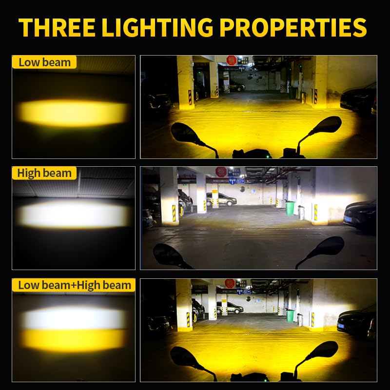 APMAT Motorcycle Lights LED Auxiliary Spotlights Driving Fog Light, with Mount Brackets 7 Modes White/Amber Dual Color Strobe Switchback for Motorcycle Electric Bike, 2PCS