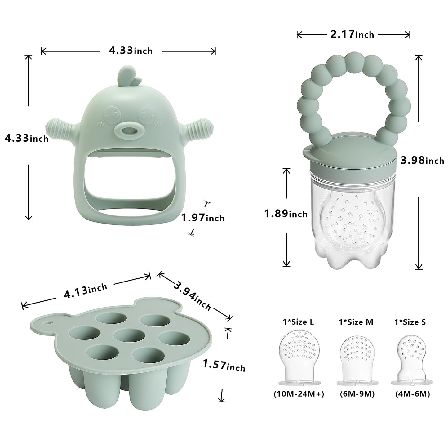 Gedebey 3-in-1 Baby Food & Fruit Feeder Set – Breastmilk Popsicle Mold with Freezer Tray, Teething Relief Toy, BPA Free Infant Silicone Feeding Combo, 3 Bonus Sizes (S/M/L) Sacs (Pea Green)