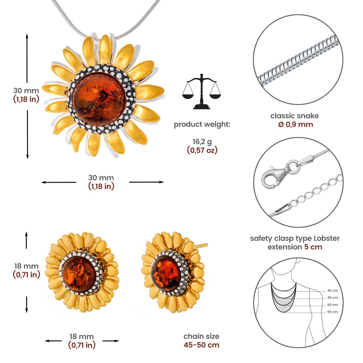 AMBEDORA Women's Jewellery Set Sunflowers, Gold Plated, Oxidised Sterling Silver, Baltic Amber in Cognac Colour, Gold Plated Pendant on Chain and Earrings