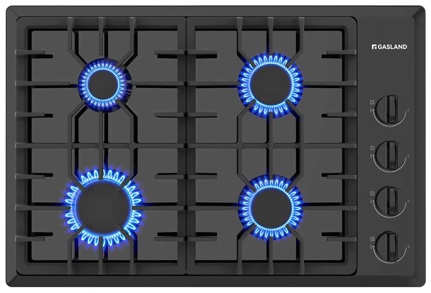 GASLAND 30 Inch Gas Cooktop Black, 4 Sabaf Sealed Burner Gas Stovetop, 4 ft Cord Plug, Cast Iron Grates with Metal Knobs, 28,300 BTU NG/LPG Convertible, Thermocouple Protection, CSA Certified