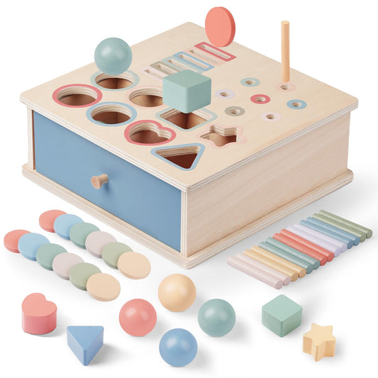 Pajojoqa Montessori Toys for 2 3 4 5 Color Sorting - Wooden Object Permanence Box with Drawer Sensory Toys Shape Sorter Education for Baby Toddler Boy Girl Drop Busy Box 4 in 1