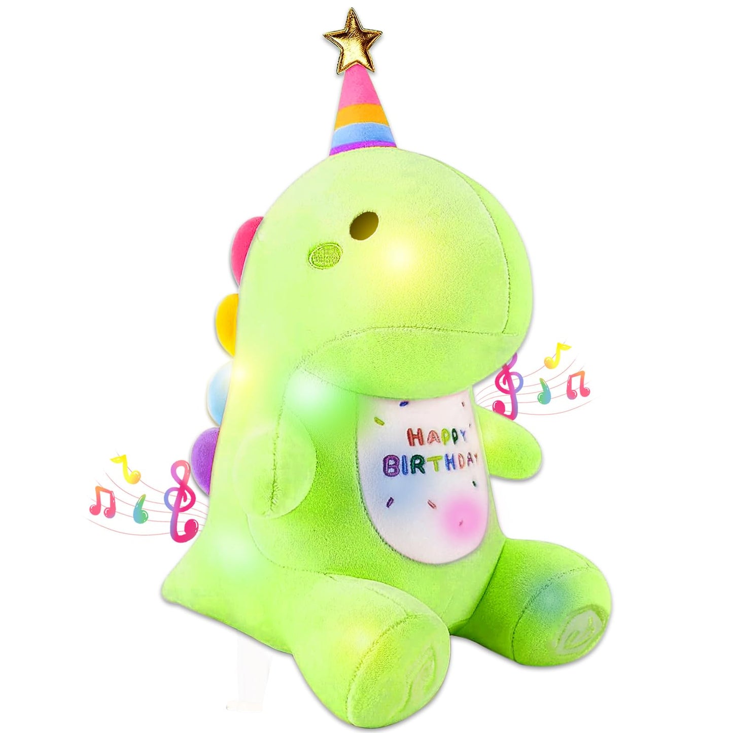 Birthday Dinosaur Plush Stuffed Animal - 12" Green Plush Toy with Light & Happy Birthday Music, Weighted Dino Plushie, Cute Kawaii Soft Pillow Gifts Stuffies for Boys Girls Babies Kids Decorations