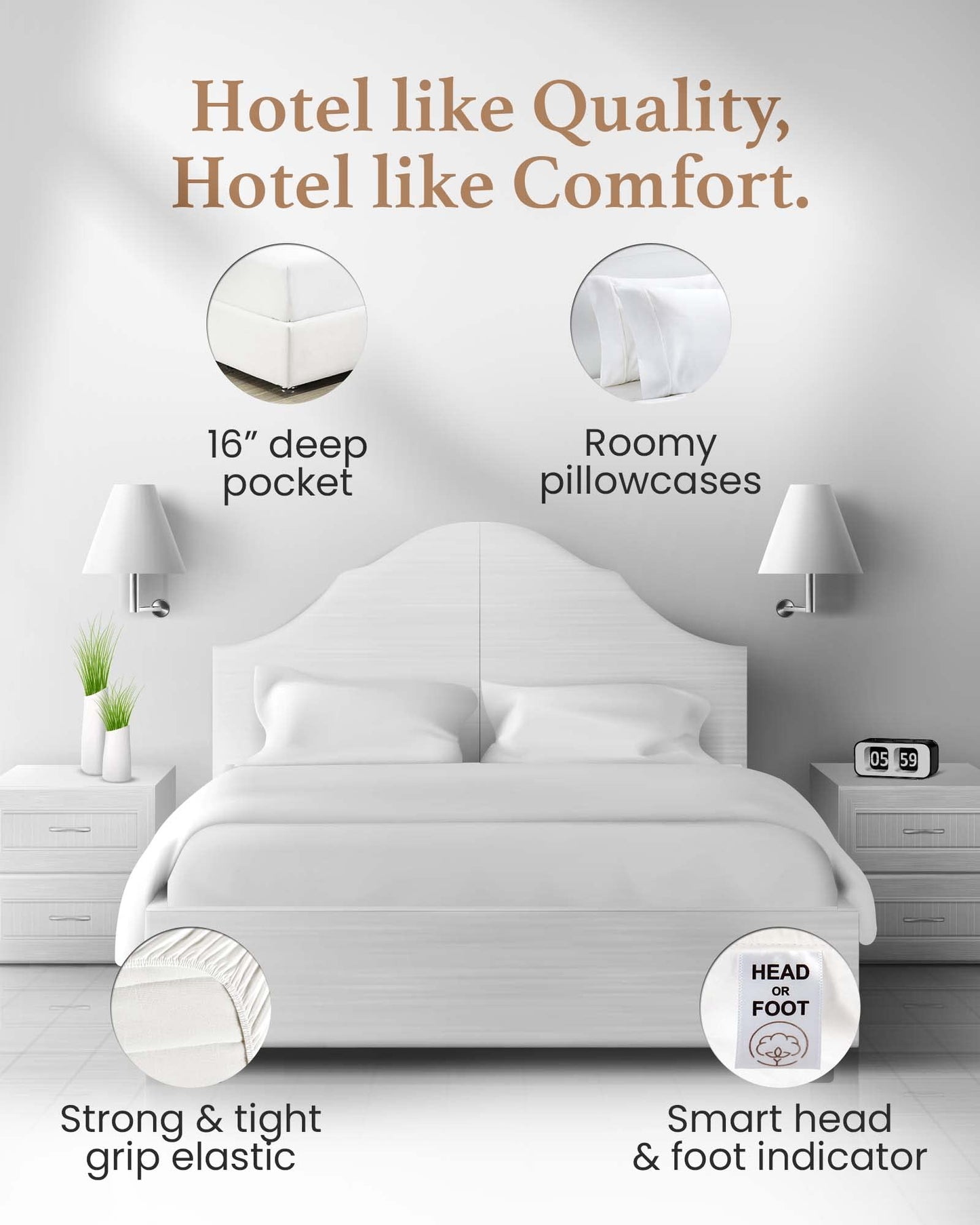 Good Sleep Bedding Split King Sheets Sets for Adjustable Bed Cotton, Luxury Sheets, Egyptian Cotton, 5 Piece 100% Cotton Split King Sheet Set, Sateen Sheets, 2 Fitted - 16" Deep Pocket, White