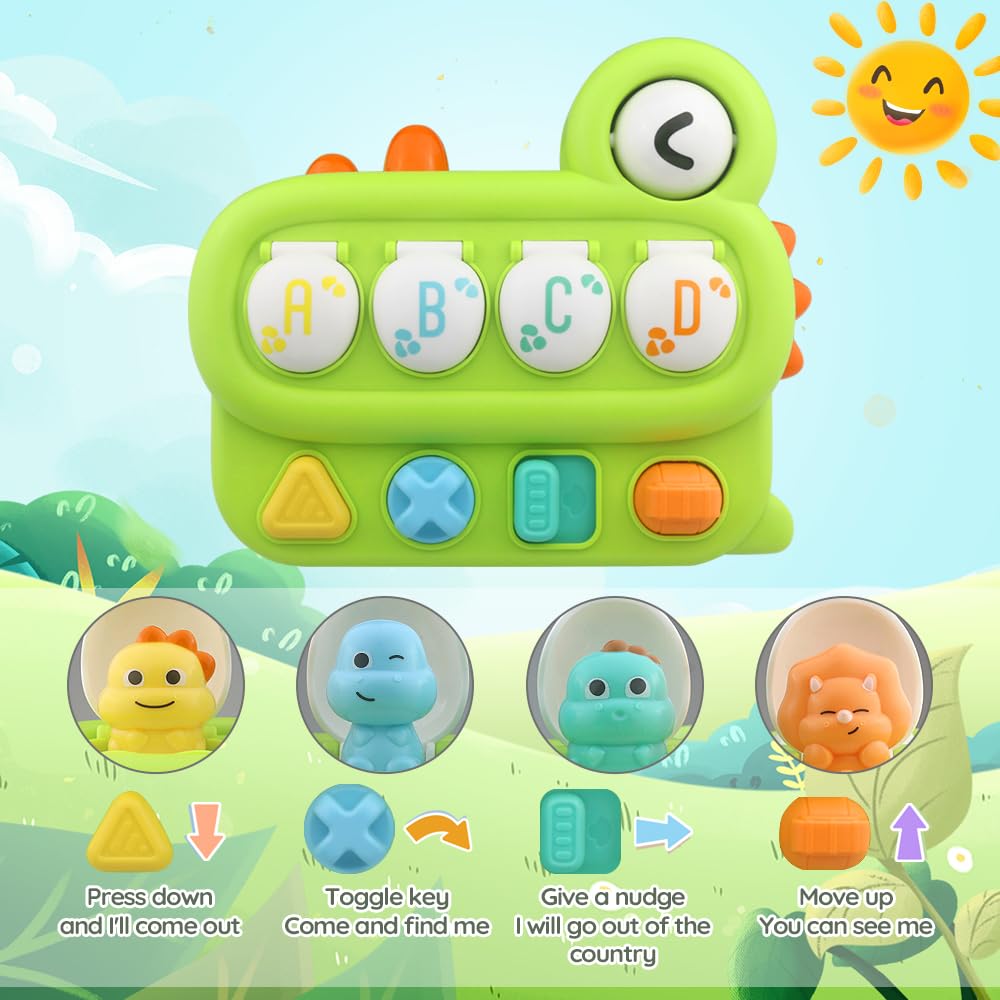 Baby Pop-Up Toy, Educational Animal Playset for Toddlers, Cause and Effect Learning, Fine Motor Skills Development, Portable Travel Toy with Engaging Buttons, Perfect for Infants and Toddlers (Green)