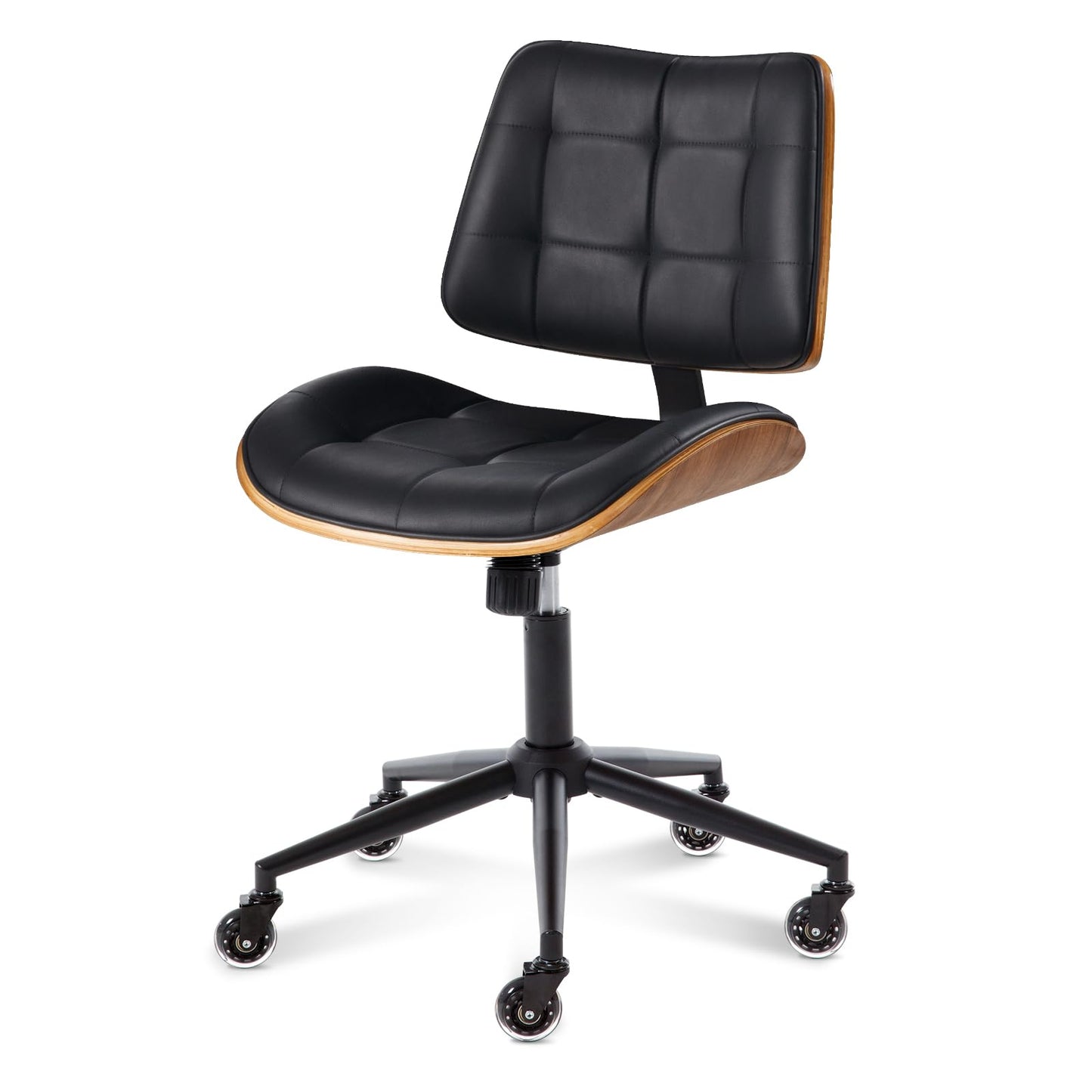 BERYTH Home Office Desk Chair with Wheels, Adjustable Height Armless Office Chair, PU Leather Mid Back 360° Small Computer Chair, Modern Walnut Chair No Arms for Office, Reading Meeting Room(Black)