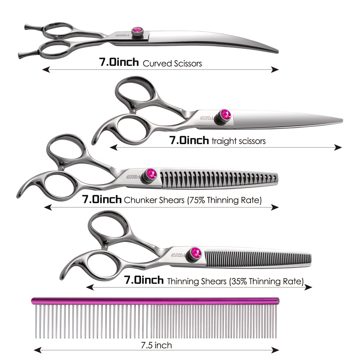 FOGOSP Dog Grooming Scissors Kit 7 in Professional Curved Thinning Straight Chunkers Shears and Comb 5pcs Set for Grooming Dogs Cat Pet Japanese 440C Stainless Steel(7.0'',Kit)