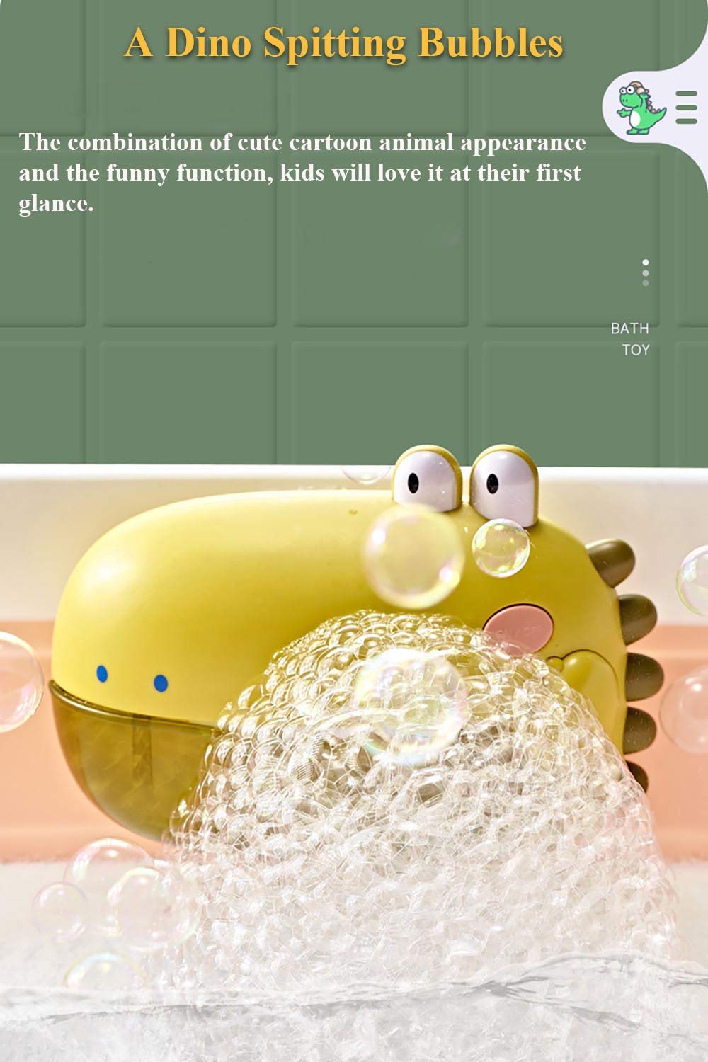 NEXTAKE Electric Bathtub Bubble Machine, Kids Cute Cartoon Animal Dinosaur Bubble Blower Machine Alligator Bubble Maker Bath Toy with Music and Vacuum Suction Cups (Green)
