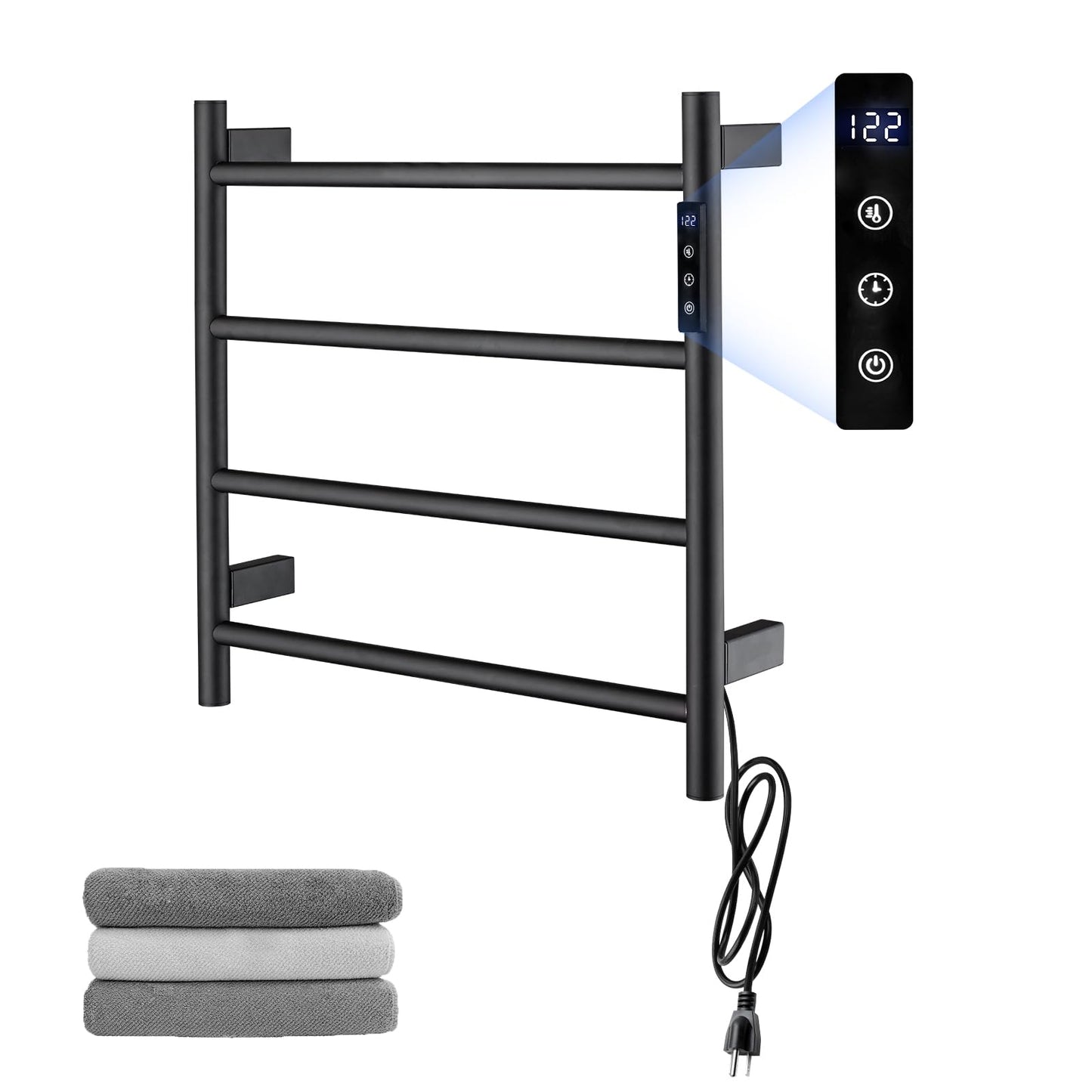 Heated Towel Racks,4 Bars Towel Warmer Rack for Bathroom, Wall Mounted Electric Towel Warmer with Timer, Plug-in/Hardwired Towel Dryer Rack Matte Black