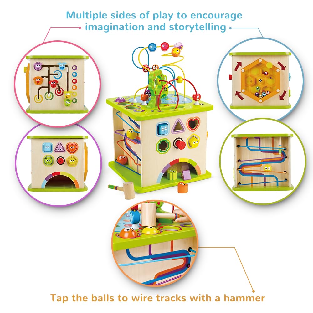 Hape Country Critters Play Cube| Wooden Learning Puzzle Toy for Toddlers, 5-Sided Activity Centre with Animal Friends, Shapes, Mazes, Wooden Balls, Shape Sorter Blocks and More