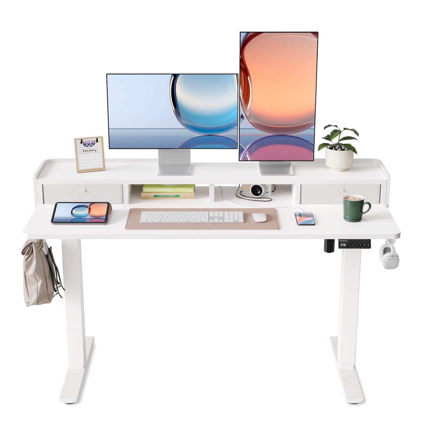 YIHAYO Electric Standing Desk with Drawers, 55 x 24 Inches Adjustable Desk with Storage Shelf, Stand Up Desk with Splice Board, Computer Table for Home Office,White Frame/White Top