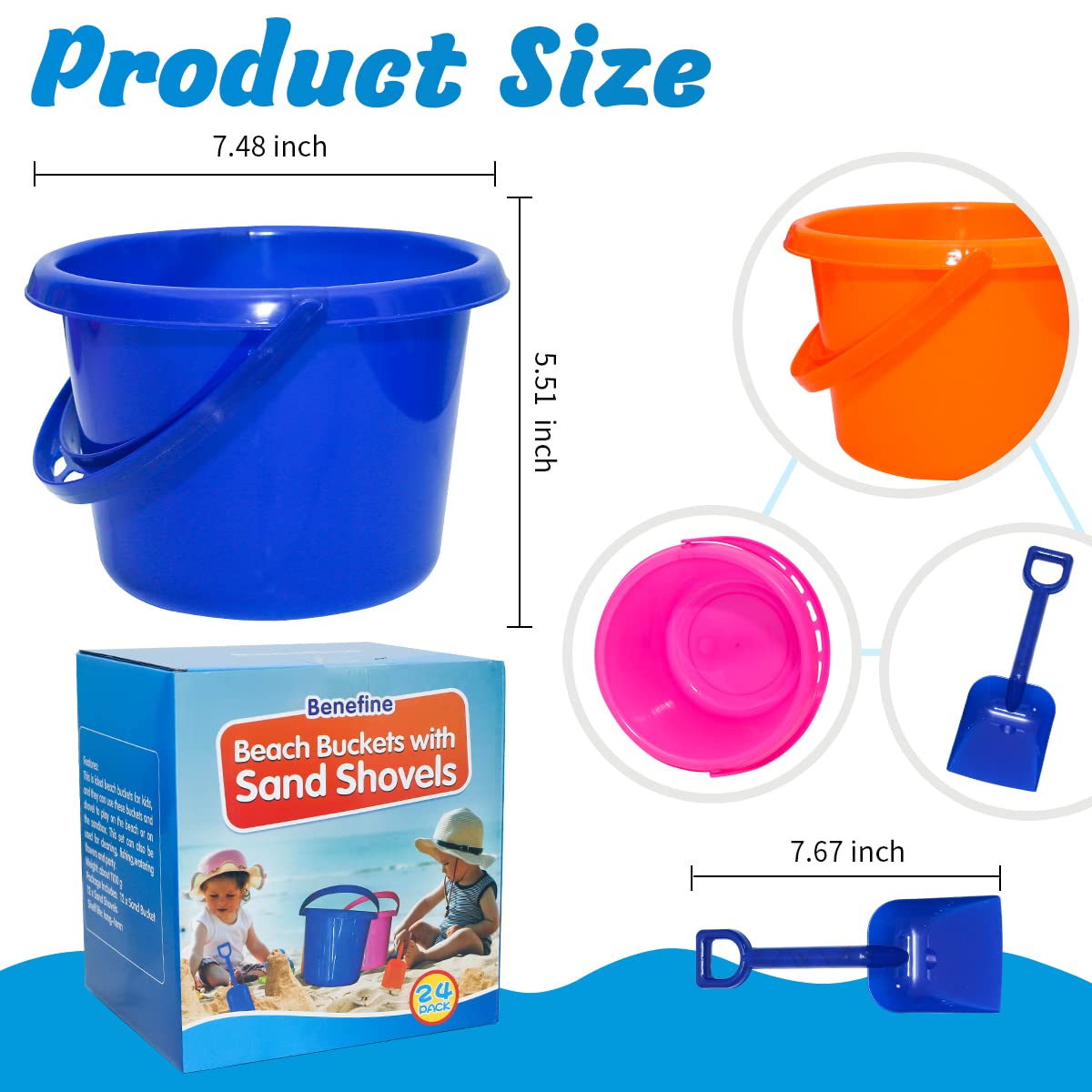 BeneFine 12 Pack Sand Buckets and Shovels for Kids 7.48 Inches | Beach and Sand Toys at The Beach | Use for Sand Molds at The Sandbox -12 Pail and 12 Shovel Set