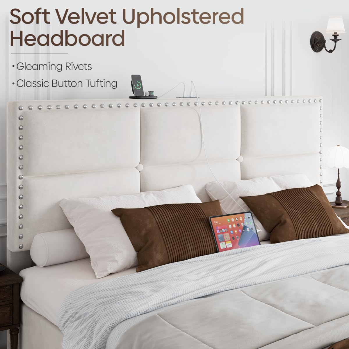 Otevehde Queen Bed Frame with 2 Storage Drawers, Velvet Upholstered Platform Bed Frame Queen Size with Charging Station, Noise-Free, Wooden Slats Support, Easy Assembly, White