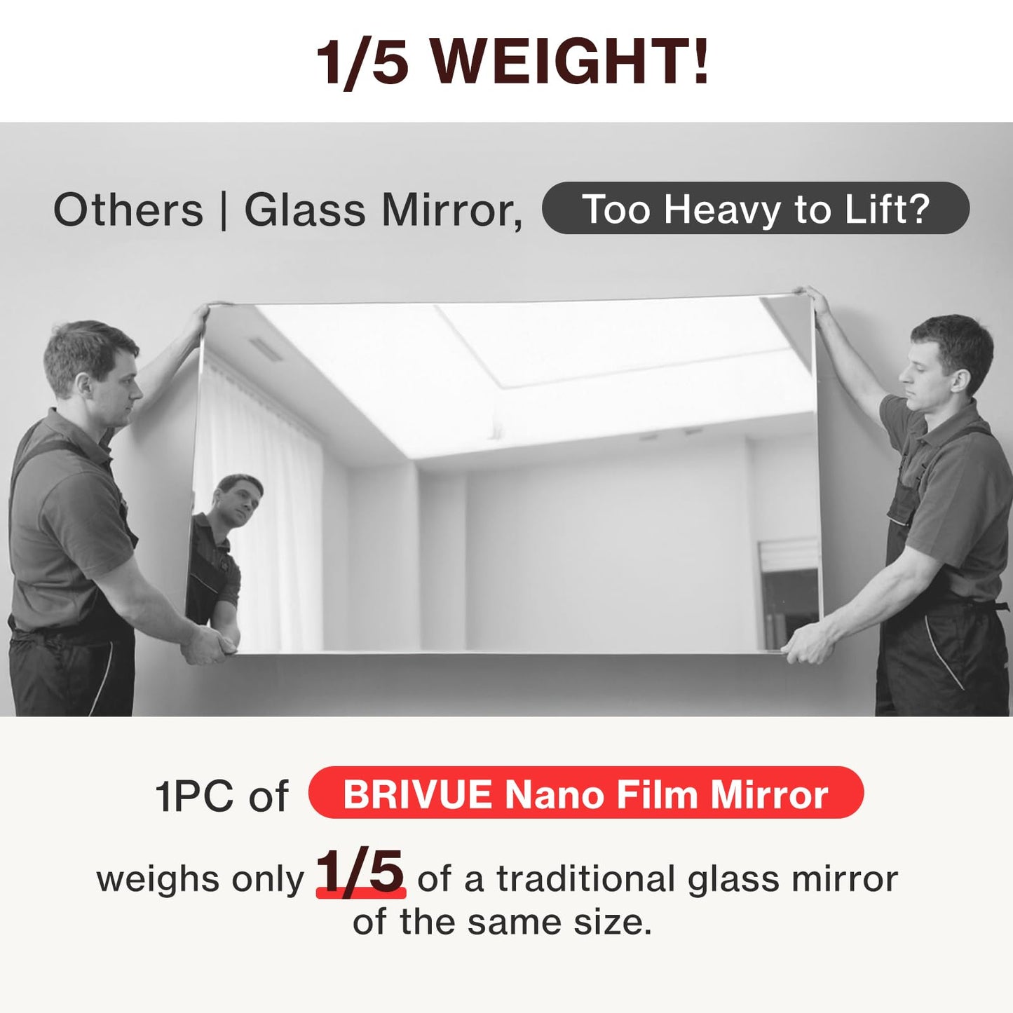 BRIVUE Gym Mirror for Home Gym - 72" x 72" (2 Pcs of 72x36) Large Frameless Wall Mirrors, Easy Mount Lightweight Non-Glass Nanomirror, Ideal for Dance Studio, Yoga, Fitness, Rehearsal, Pilates, Garage