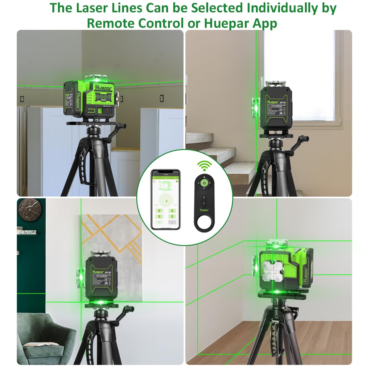 Outdoor Laser Level 360 Self leveling with Laser Level Receiver, 4x360 Green Cross Line Laser with Bluetooth, Huepar P04CG＆LR-8RG, Laser Class: Class II (IEC/EN60825-1/2014), 1mW power output