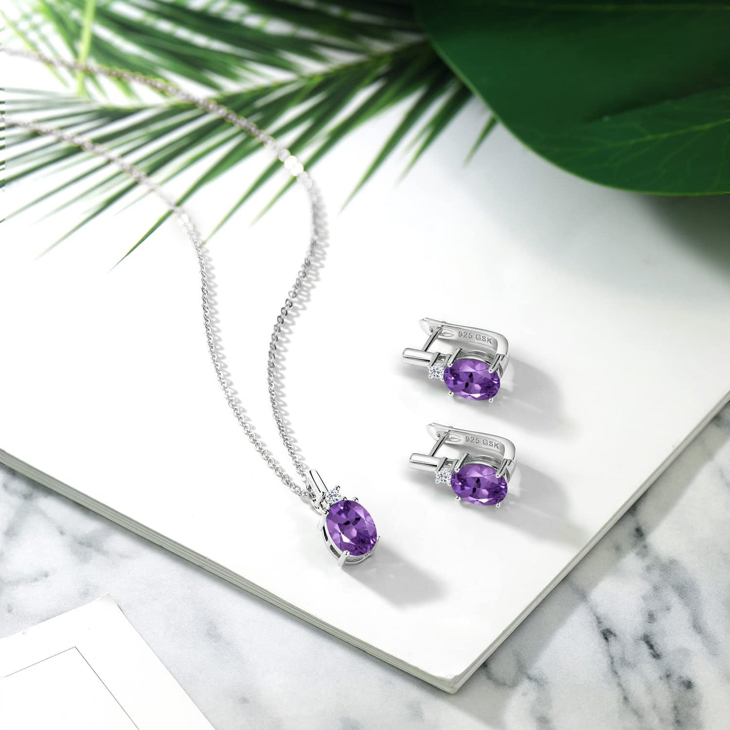 Gem Stone King 5.06 Ct Oval Purple Amethyst White Topaz 925 Sterling Silver Pendant and Earrings Jewelry Set