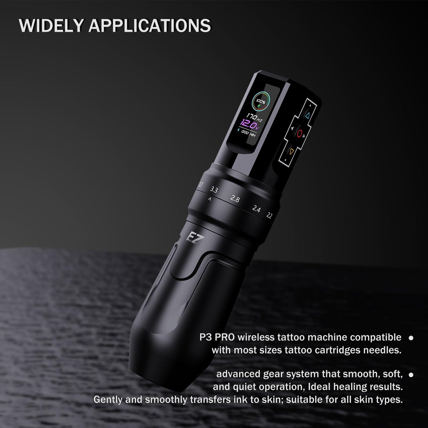 EZ P3 Pro Wireless Tattoo Machine - 6 Strokes 2.0, 2.4, 2.8, 3.3, 3.7, 4.2mm Tattoo Machine Pen with OLED Digital Display 1600mAh Battery Power Tattoo Gun (Matte Black)