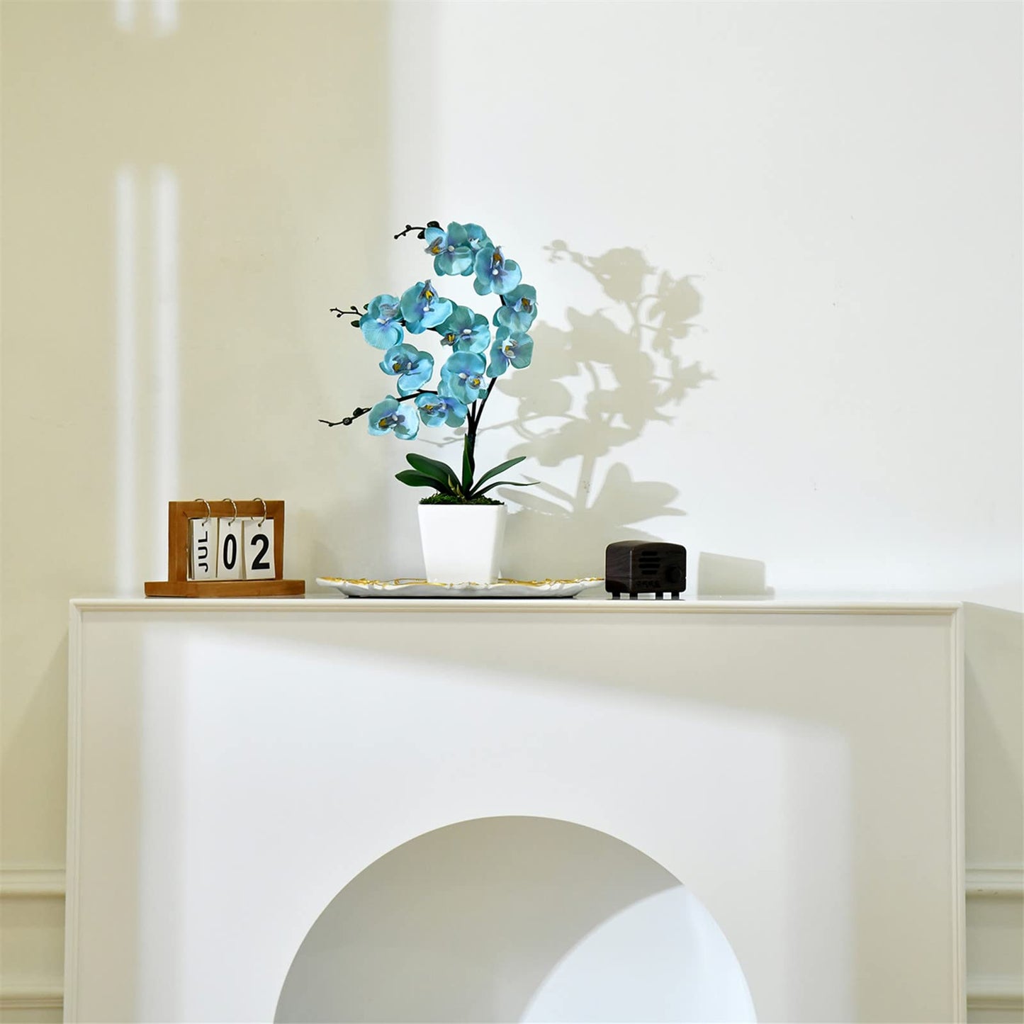 YSZL 15 Inches Tall Artificial Silk Phalaenopsis Orchid Flower Plant Pot Teal Arrangements (Golden Blue)
