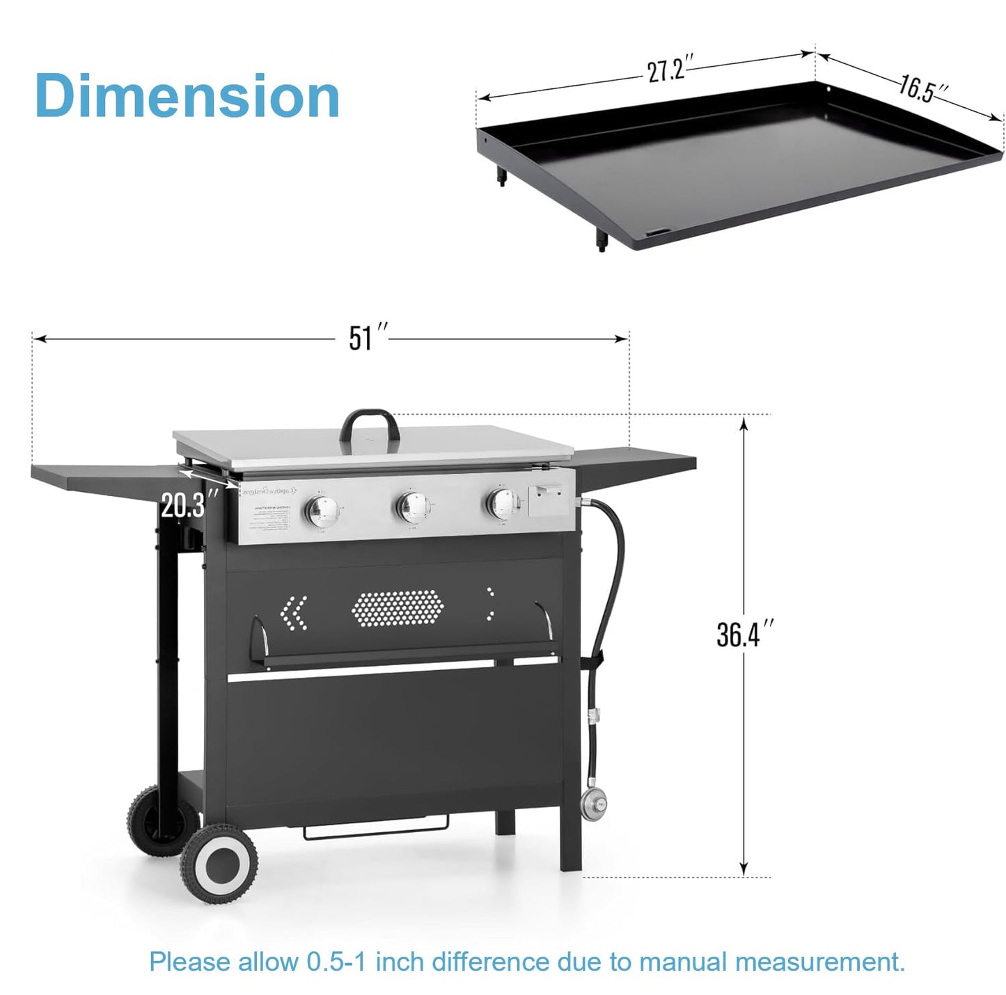 GREEN PARTY 3 Burner Propane Gas Griddle with Removable Standing Cart, Convertible to Tabletop Design, 27 inch Flat Top Grill for Outdoor Cooking Camping Tailgating Barbecue