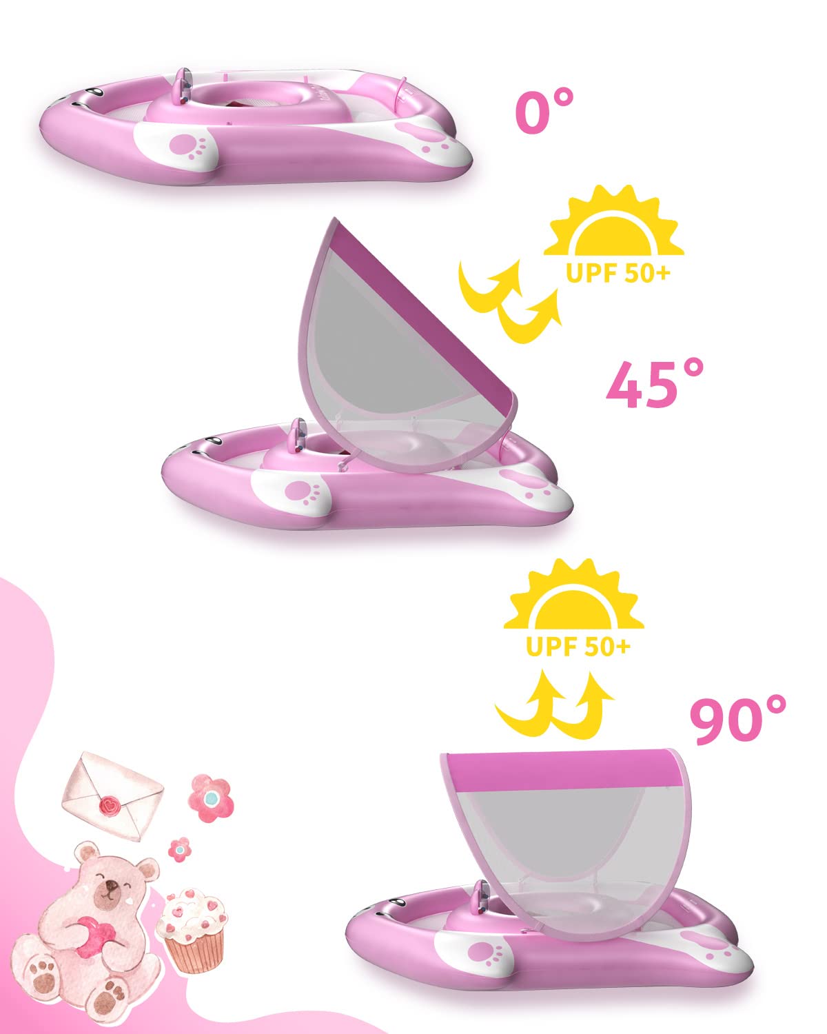 Relaxing Baby - Pool Float with Adjustable Seat Pocket,Baby Swimming Float with Canopy of UPF 50+ UV Protection, Super Safety Bear-Shaped Baby Floats for 6-36 Months,Pink Bear