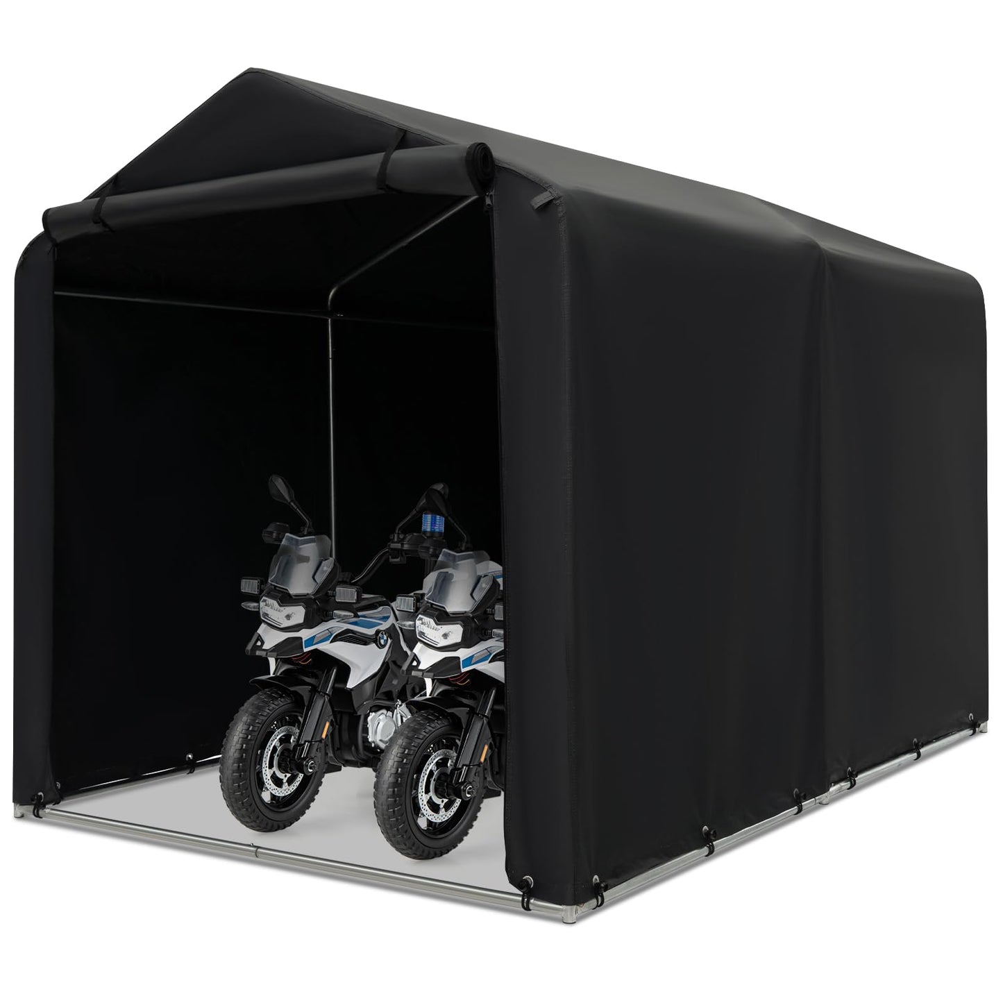 Goplus Portable Storage Shed, 7 x 5.2 x 5.4 Ft Heavy Duty Motorcycle Shed w/Roll-Up Zipper Door, Metal Frame, Waterproof Cover & Wind Rope, Outdoor Storage Tent Shelter for Bike, Garden Tools