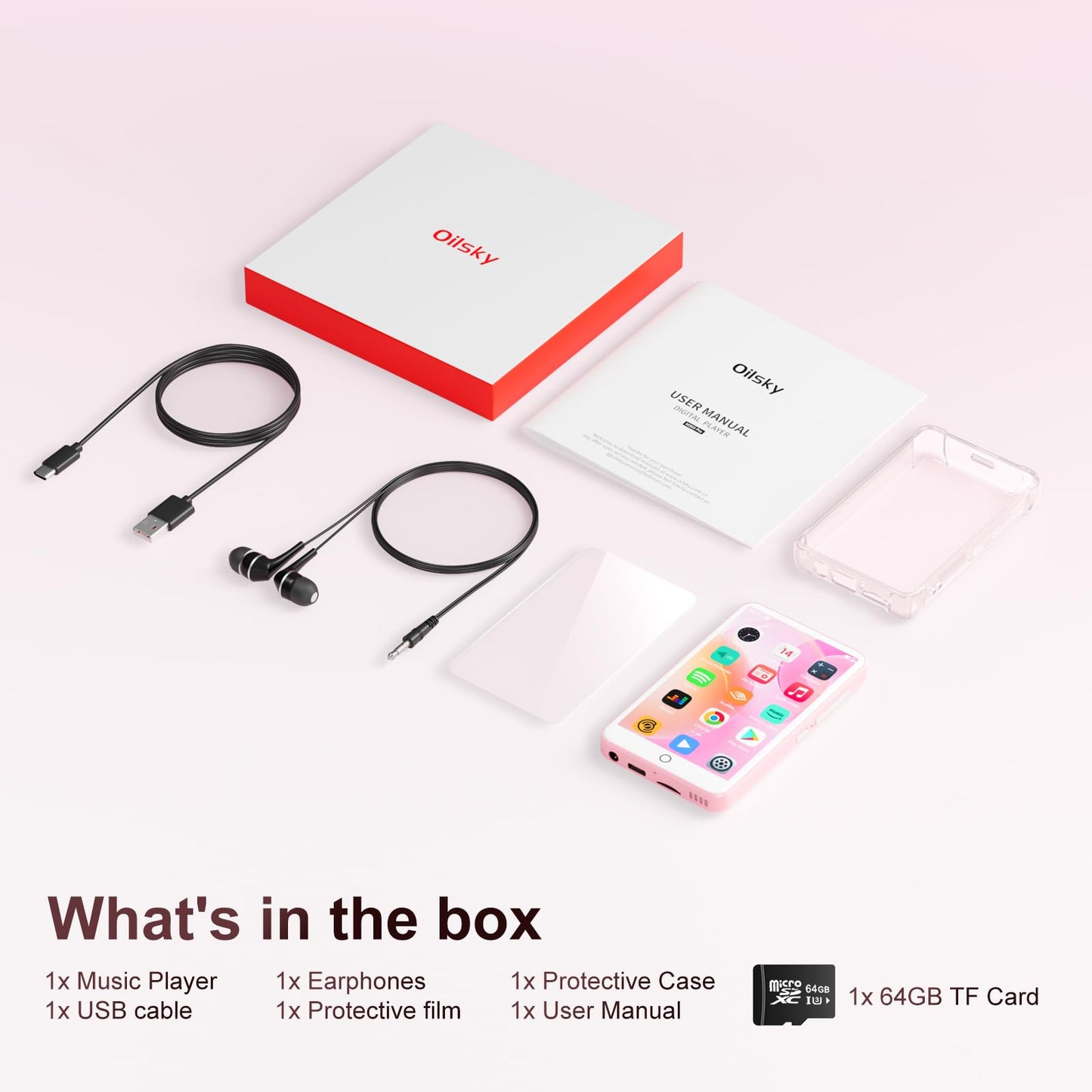 80GB MP3 Player with Bluetooth and WiFi, Mp3 & Mp4 Music Player with Spotify, Amazon Music, Deezer, Audible, Browser, 4.0" IPS Touch Screen Android Player with Speaker, FM Radio, Up to 512GB（Pink）