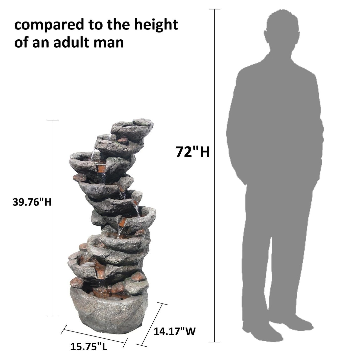 YZM 10-Tier Cascading Rock Water Fountain Outdoor Garden Waterfall Fountains Patio Backyard Deck Porch Pond Art Decor for Outside 39.76" H Outdoor Feature with LED Lights