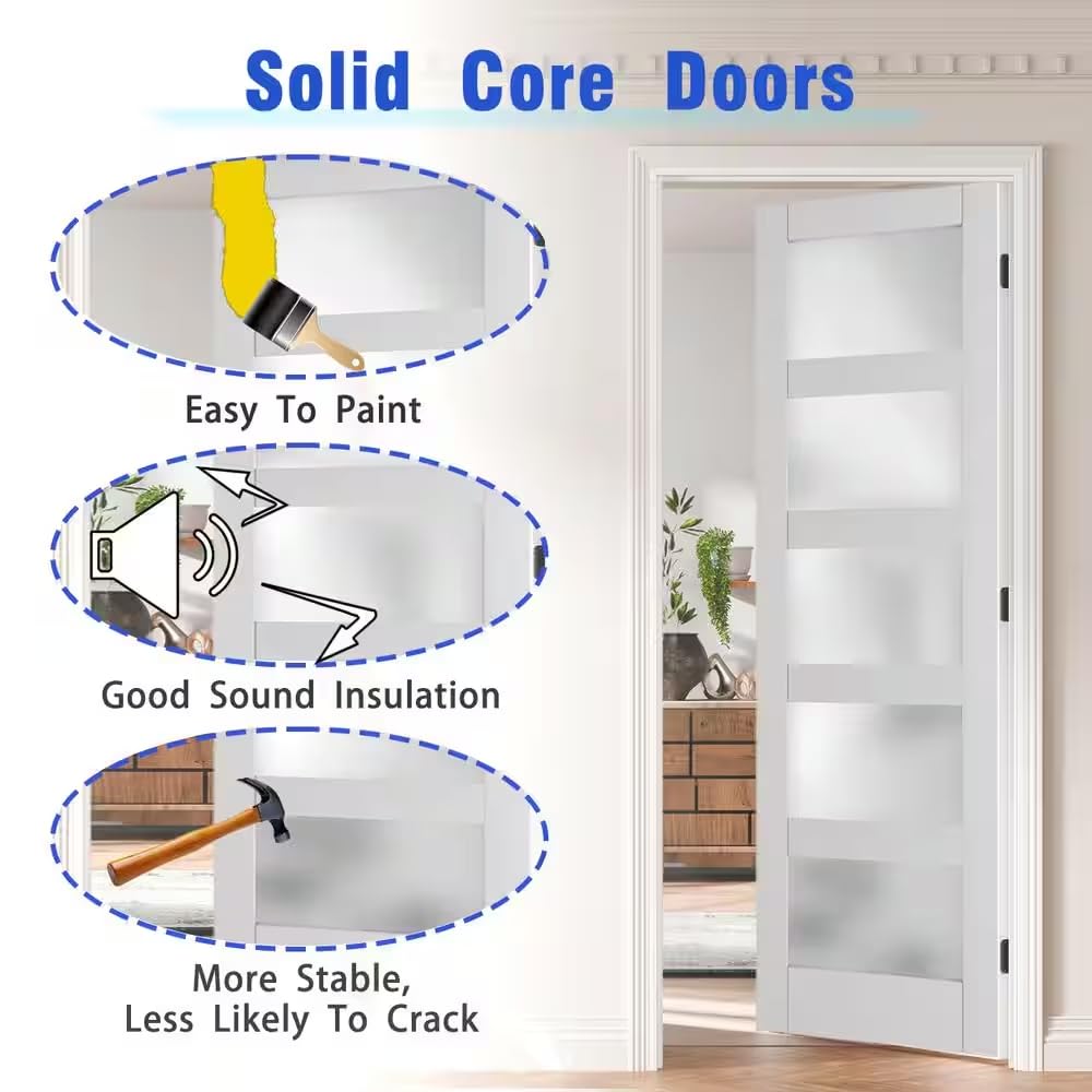 Lakenyon 36" x 80" Prehung Door, 5-Lite Frosted Glass Pantry Doors, Prehung Interior Door, Right-Handed, White MDF with Door Jamb & Hardware Kit