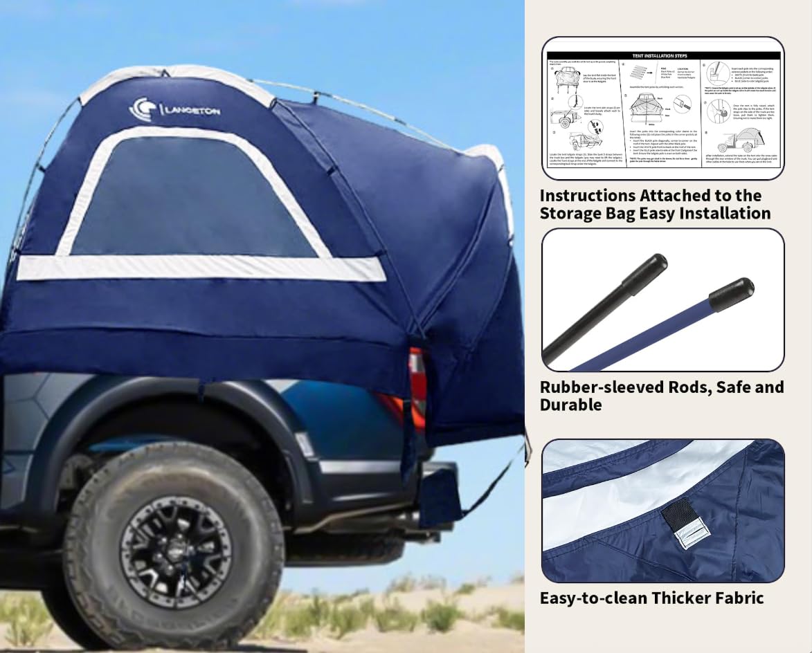 Lanceton Pickup Truck Tent, Fit 5.5-6 Foot Truck Bed, Waterproof PU3000mm high Density Polyester Oxford, Windproof Pole and Insect-Prevention Double Layer Mesh Window & Door, Unique Rear Window Pipe