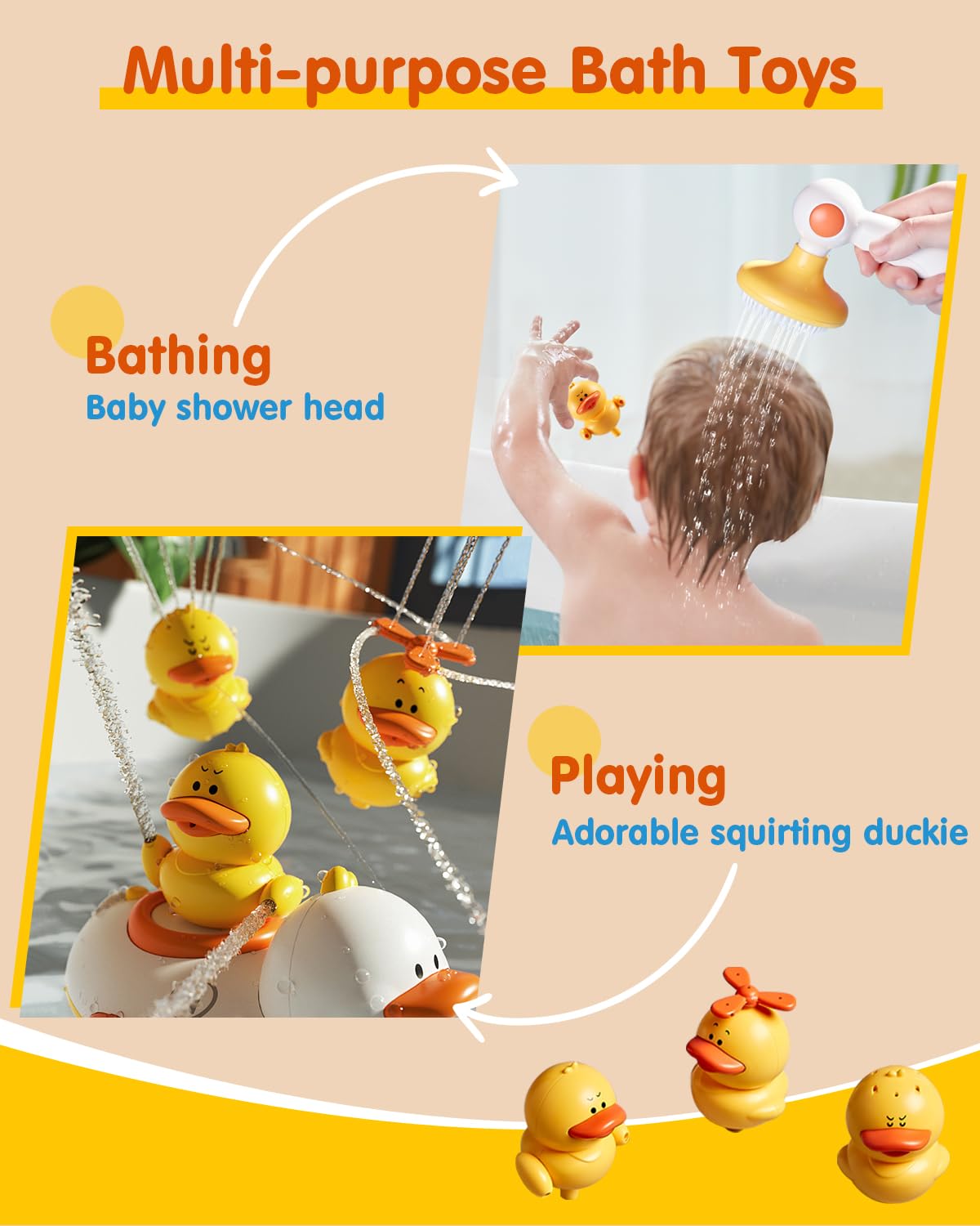 Duckie Baby Bath Shower Head, Toddler Bath Toys for Kids Ages 1-3, Baby Shower Head for Bathtub with Three Squirting Ducks, Birthday Gift for Toddler Boys Girls