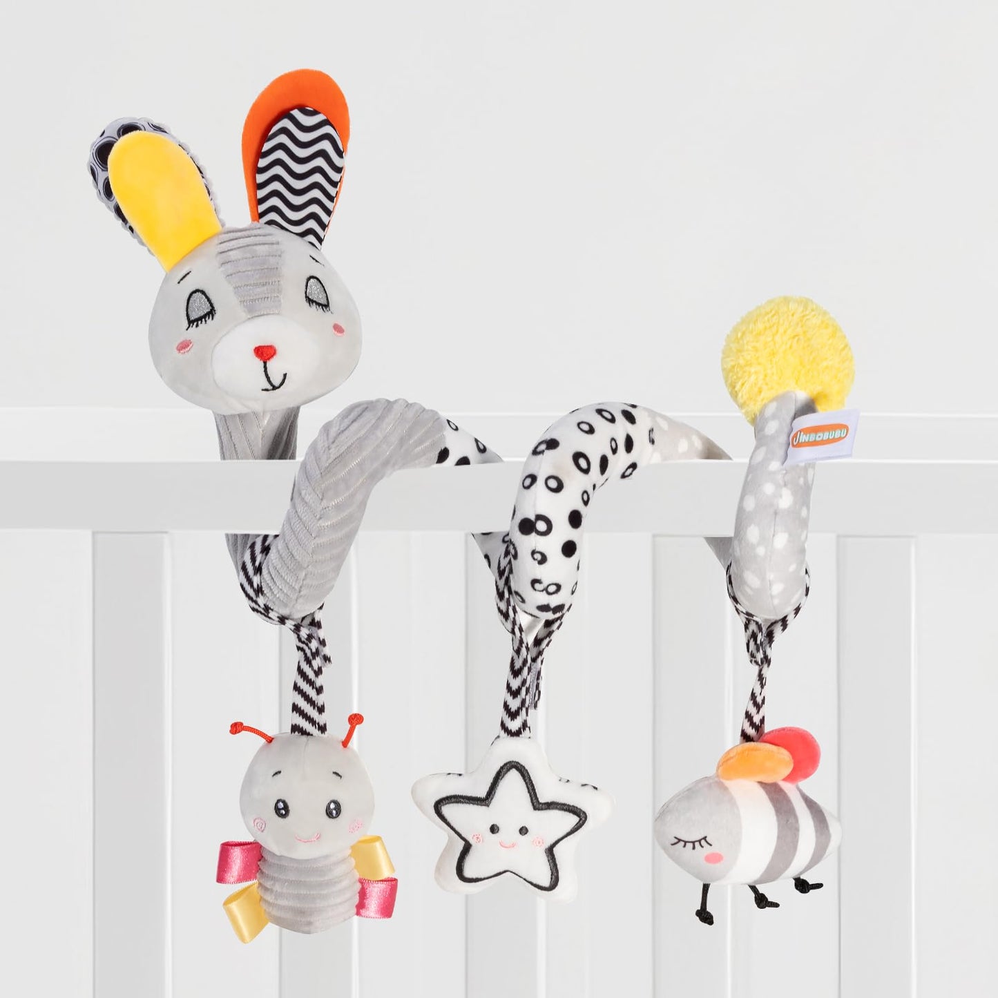 JINBOBUBU Baby Spiral Activity Toy, Stroller & Car Seat Hanging Toy for 0-12 Months, High Contrast Newborn Sensory Toy with Rattle & Crinkle Paper, Infant Travel Plush Toy for Crib Bassinet