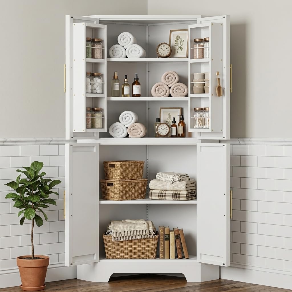AUN Corner Cabinet, Kitchen Pantry Storage Cabinet with Adjustable Shelves & Spice Rack, Tall Freestanding Corner Pantry with Shaker Doors & Gold Handles for Kitchen, Bathroom, Living Room (White)