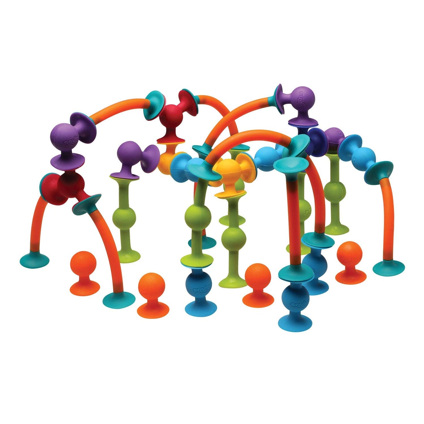Fat Brain Toys Squigz 75 Piece Set - Suction Cup Set With Storage Bag, BPA Free Silicone Sensory Wall Toys, Stem Building Toys, Kids Travel