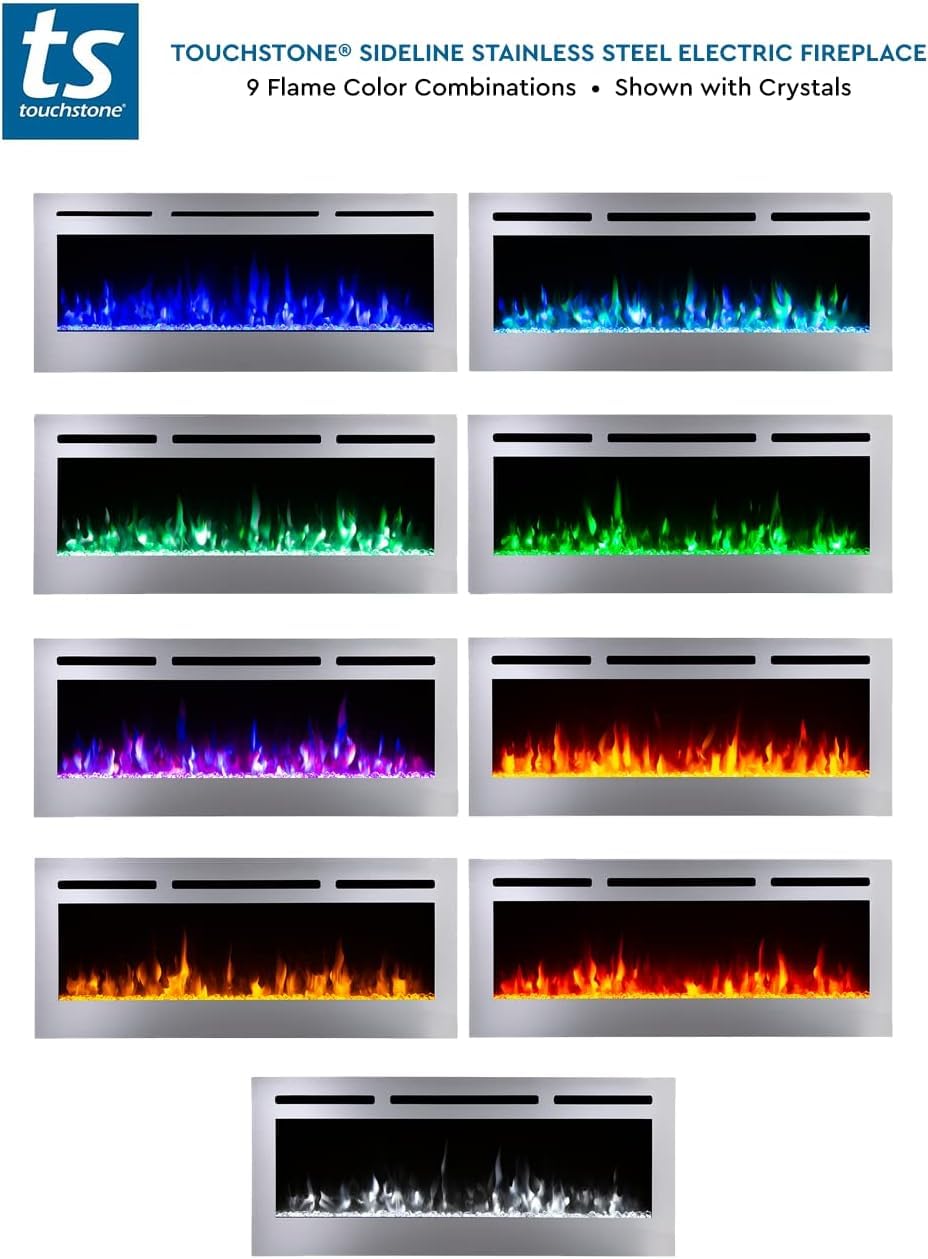 Touchstone Sideline Deluxe -Stainless Steel Smart Electric Fireplace- 60" Wide- Alexa/WiFi-Enabled- in Wall Recessed- 5 Flame Settings- 9 Flame Colors- 1,500W Heater- Log & Crystal Options- 86277