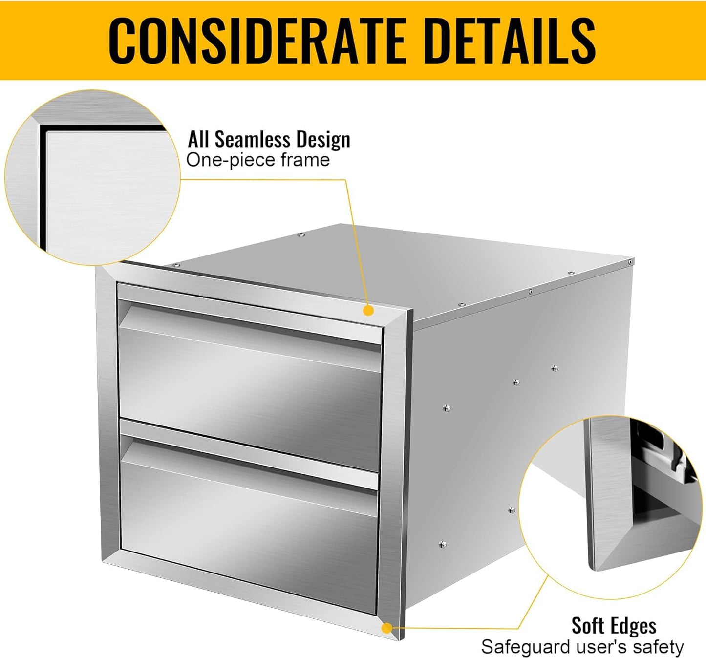 RAILEN Outdoor Kitchen Double Drawers 18''W x 15''H x 23''D Inch Stainless Steel Flush Mount BBQ Drawers for Outdoor Kitchen Island or Patio Grill Station